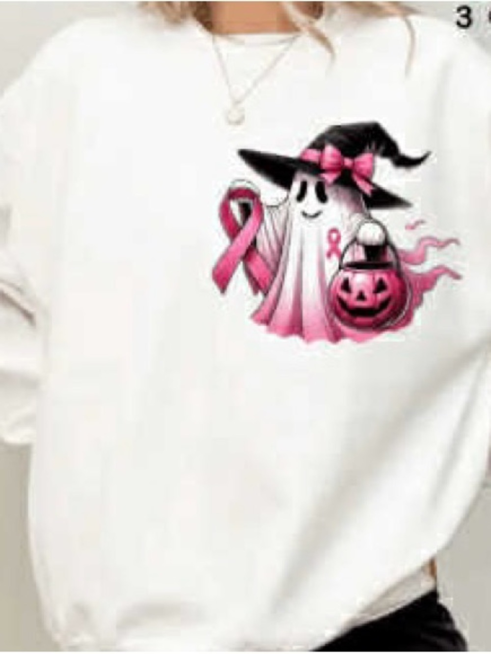 Gildan White Sweatshirt with Pink Ribbon Ghost Graphic